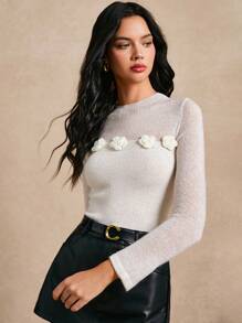 Poéselle Lightweight Sheer Mock Layer Knit Sweater Top, Elegant & Sexy For Women, Autumn/Winter - Beige - View 5