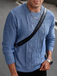 Manfinity Homme 男士圆领长袖简约针织毛衣，休闲日常穿着 - 藍色 - 查看 4