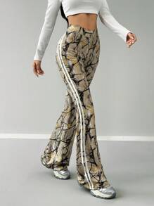 SHEIN EZwear 女士 Y2K 街头服饰音乐节树枝图案弹力编织带喇叭裤 - 彩色 - 查看 6