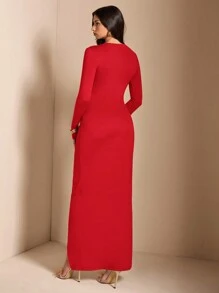 SHEIN BAE 纯棕色咖啡色不对称褶皱长袖连衣裙，厚针织紧身连衣裙适合鸡尾酒会、浪漫约会、秋冬季分层穿着、派对、正式聚会、伴娘、万圣节、圣诞节