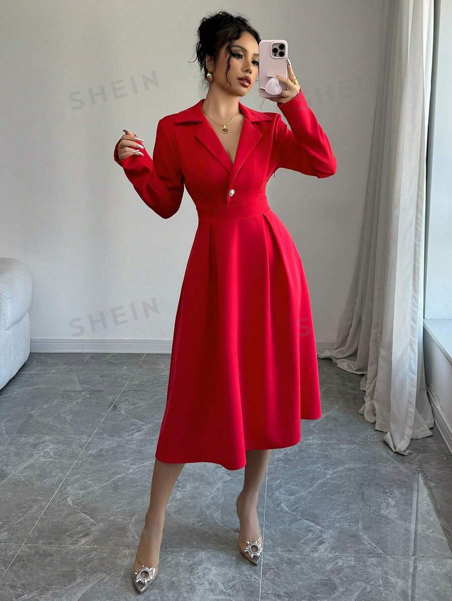 Elenzga Vestido midi con escote en V y vuelo, color rojo, ropa para Año Nuevo, vestido largo para mujer