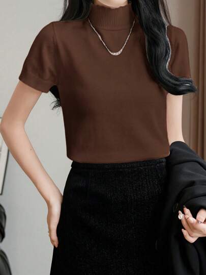EMERY ROSE 高领修身短袖简约休闲上衣，日常穿着