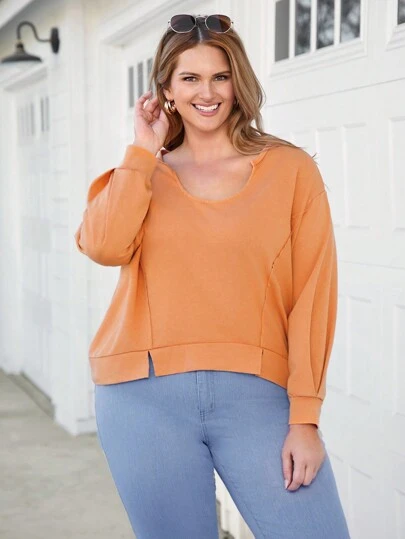 SHEIN LUNE Plus size damtopp med orange skårad halsringning, höst-/vinterhelg
