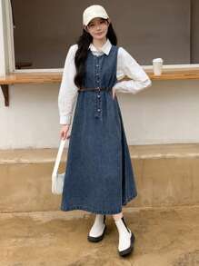 DAZY 女士牛仔背带连衣裙，无袖，秋季服装长款连衣裙 - 中等水洗藍 - 查看 2