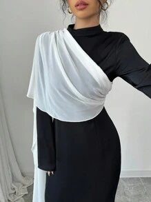 Rafferiza 女士优雅轻盈派对连衣裙，黑白拼色网眼披肩领腰部修饰鱼尾连衣裙，秋冬长款女装 - 黑色 - 查看 4