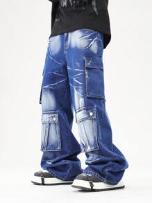 ROMWE MEN Street Life Men's Casual Multi-Pocket Relaxed Fit Jeans - Blue - View 6