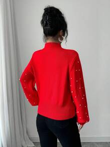 SHEIN Unity 女士时尚珍珠串珠高领落肩宽松针织套头毛衣，新年秋冬款 - 紅色 - 查看 2