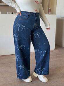 SHEIN EZwear Jeans holgados de tallas grandes para mujer con decoración de moño y bolsillos