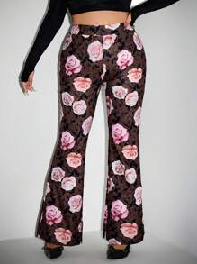 SHEIN ICON Pantaloni a zampa di lana con stampa floreale a rose, taglia grande, ideali per San Valentino - Multicolore - Visualizzare 4