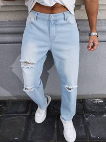 Manfinity LEGND Plus Size Men's Casual Washed Distressed Tapered Jeans - Light Wash - View 3