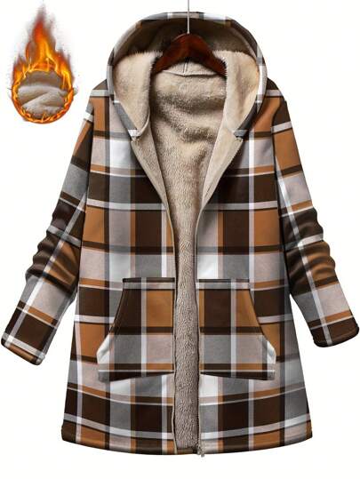 INAWLY Chaqueta con capucha, bolsillos con cremallera y estampado de cuadros, forrada gruesa, tallas grandes, para otoño/invierno