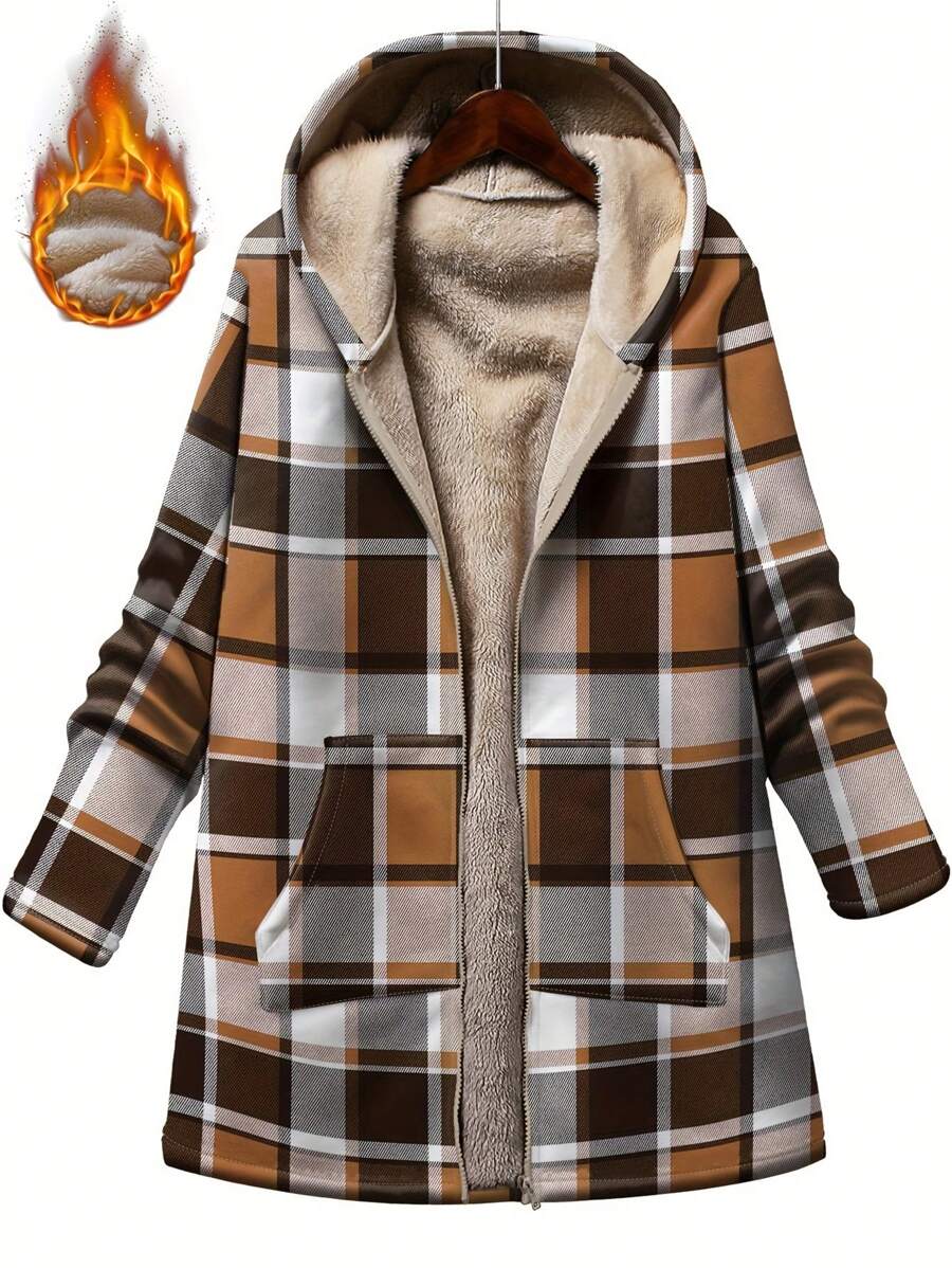 INAWLY Hooded Zip Pocket Plaid Print Cardigan Jacket, Thick Lining, Plus Size, Autumn/Winter Fall Cloth For Women - Khaki - View 1