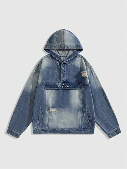 Street Life Men's Casual Washed Distressed Hooded Denim Jacket, Autumn