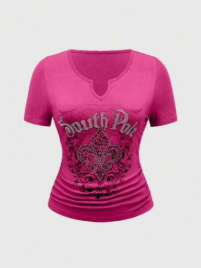 Fairycore Große Größen Damen Floral V-Ausschnitt Gerafftes Kurzarm T-Shirt, für den Sommer