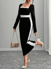 Chiquease Vestido de suéter casual de estilo básico con color de colisión para mujer - Blanco y Negro - Ver 5