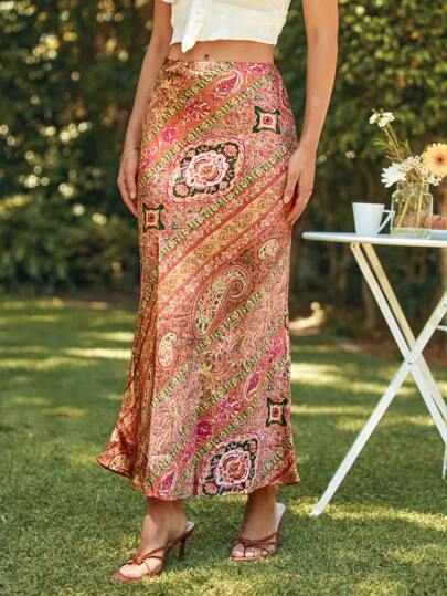 KARISMINA Elegant Paisley Print Mermaid Skirt For Summer Vacation,For Summer Vacation, Women Summer Clothing