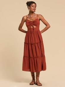 Travachic Women's Ruched Drawstring Hollow Out Multi-Layer Hem Cami Dress