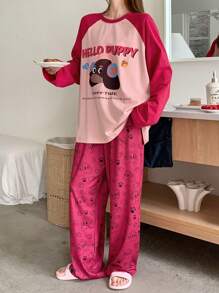 DAZY Cute Cartoon Puppy Print Color Blocking Raglan Sleeve Loose Pajama Set