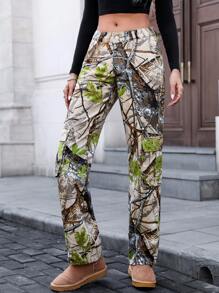 SHEIN EZwear 女士休闲宽松百搭常规腰部迷彩印花编织牛仔裤，欧美街头风格，适合所有季节 - 彩色 - 查看 5