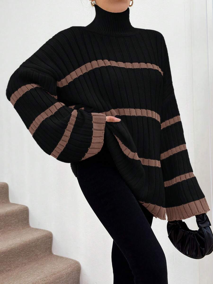 EURMUSE Women High Neck Long Sleeve Striped Casual Sweater