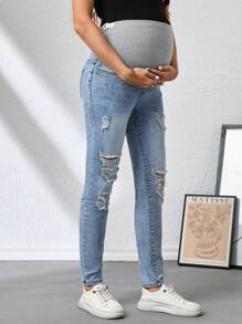 SHEIN Maternity Distressed Skinny Stretch Denim Jeans - Light Wash - View 1