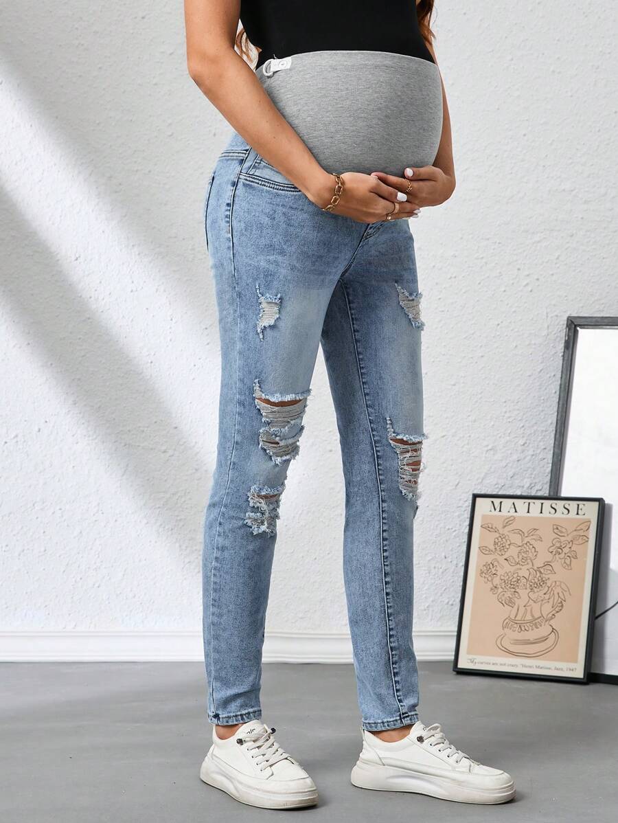 SHEIN Maternity Distressed Skinny Stretch Denim Jeans - Light Wash - View 1