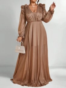 Allurite Deep V-Neck Ruffle Flowing Formal Dress Maxi Women Outfit Wedding - Brown - View 4