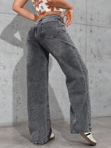 SHEIN EZwear 女式前扣口袋简约牛仔裤，休闲日常穿着 - 淺灰色 - 查看 2