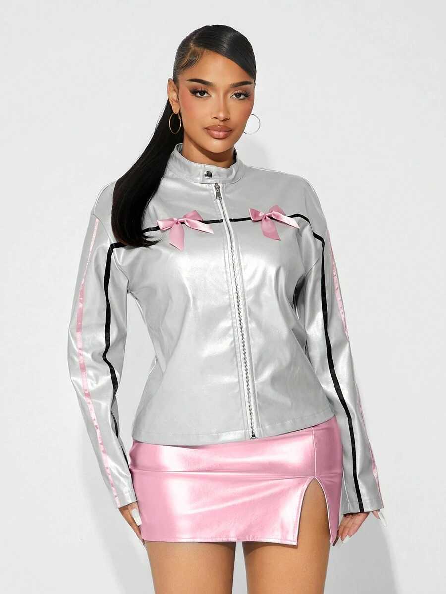 SHEIN SXY Bow Decor Minimalist Fashion Casual Lightweight Zipper Jacket,Leather Women Jacket,Winter Coat,Winter Women Coat,Winter Jacket,Pink