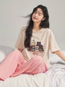 DAZY Ensemble Top rayé imprimé animal mignon et pantalon de pyjama droit et ample