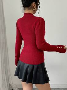 Elenzga Suéter ajustado de unicolor y calado elegante, jersey de punto de otoño/invierno - Burdeos - Ver 2