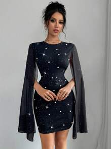 Chiquease Women Rhinestone Glitter Party Banquet Pearl Decor Round Neck Chiffon Slit Maxi Bodycon Dress With Puff Sleeves