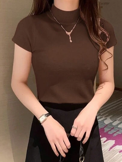 EMERY ROSE 高领修身短袖简约休闲上衣，日常穿着
