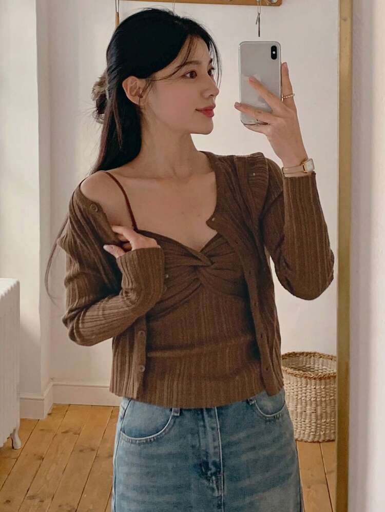 Women Solid Color Long Sleeve Single-Breasted Cardigan And Twist Camisole Knit Top Casual 2pcs Set, Autumn/Winter