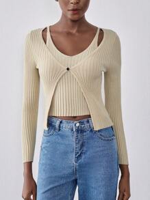 Chiquease 二合一针织长袖上衣，百搭又显身材的女士秋冬毛衣 - 杏色 - 查看 4