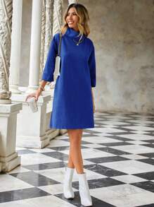 EURMUSE Ladies' Solid Color High Neck Drop Shoulder Sweater Dress - Blue - View 4