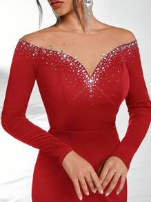 Glamrae Vestido de gala con corte sirena, con bloques de color en malla, adornado con diamantes, con dobladillo ajustado. Vestido informal de estilo gótico para boda/evento de noche, vestido para invitadas de boda, vestido de fiesta