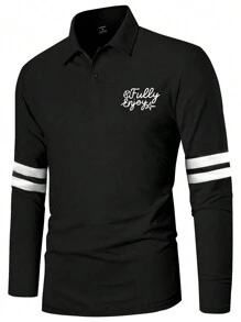 Manfinity Hypemode Camisa polo de manga larga con rayas y eslogan casual para hombre, otoño