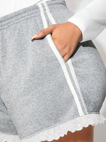 SHEIN SXY Plus Size Women Grey & White Woven Trim Lace Decor Loose Shorts