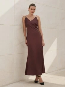 RueChic Vestido maxi de satén con cuello en V para mujer, elegante para fiesta de noche
