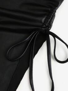 SHEIN Unity Black PV Leather Materal, Side With Drawstring Tie, Asymmetric Hem, Tight Wrap Bustier, Long Flared Style Casual Women's 2 Pieces Set, Autumn - Black - View 3