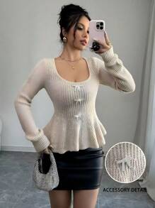 Chiquease 2024 Autumn/Winter Fashion Scoop Neck Ruffle Hem Fitted Knit Sweater Knit Pullover Fall - Apricot - View 1