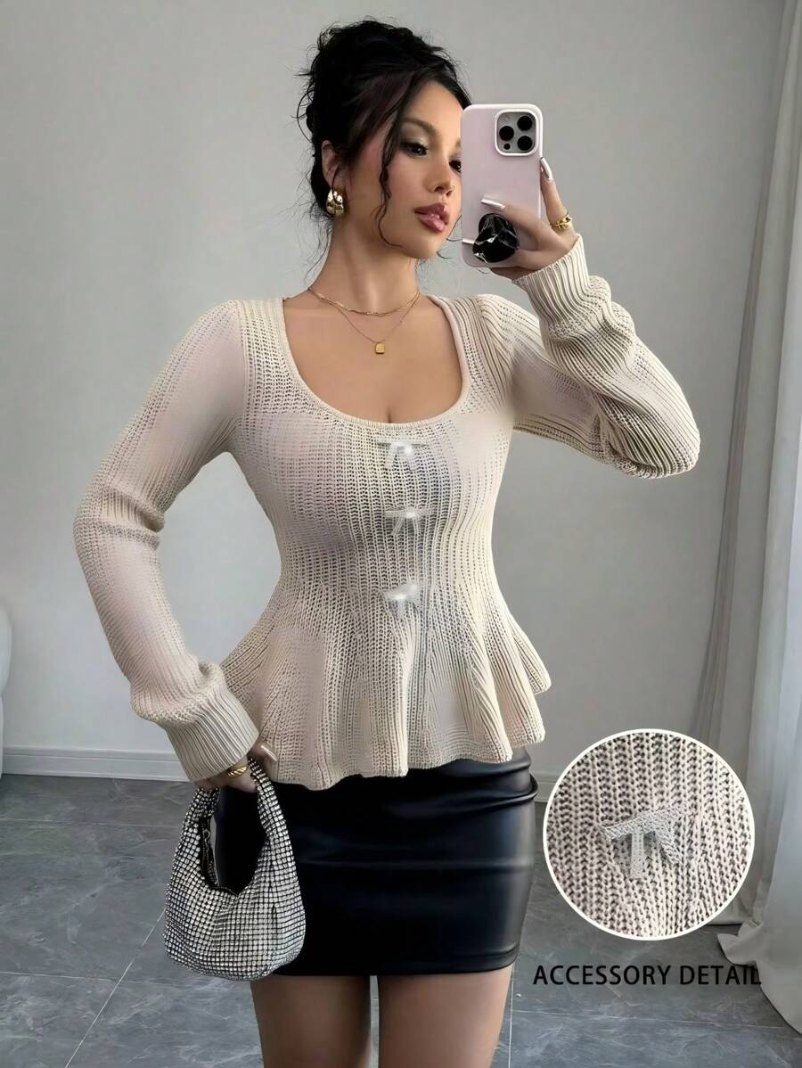 Chiquease 2024 Autumn/Winter Fashion Scoop Neck Ruffle Hem Fitted Knit Sweater Knit Pullover Fall - Apricot - View 1