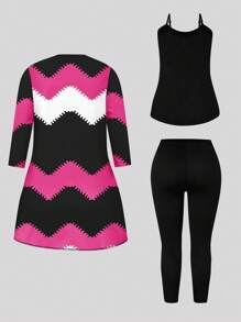 3pcs Retro Wave Print Casual Set : Top, Pants, Jacket - Multicolor - View 2