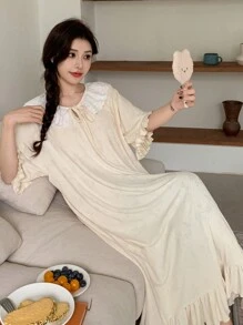 DAZY 甜美荷叶边系带领宽松睡袍睡衣 - 米色 - 查看 3