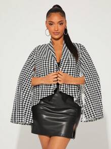SHEIN SXY Women's Black & White Houndstooth Blazer Poncho Coat, Autumn Winter