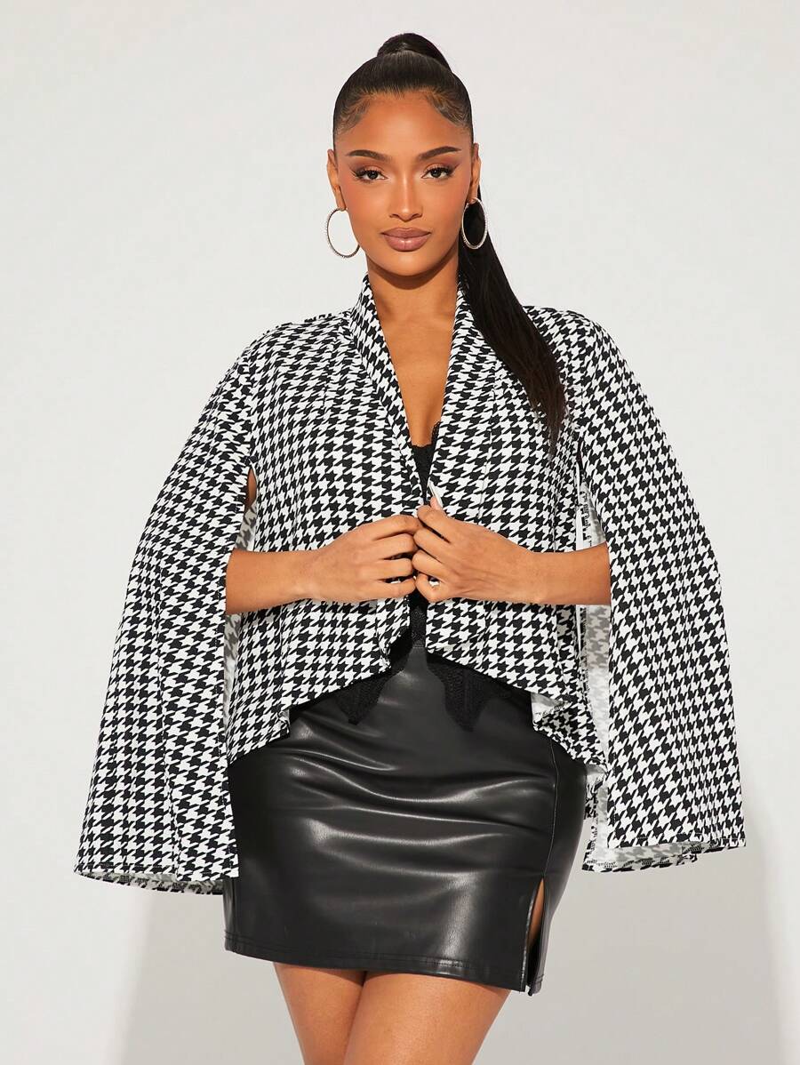 SHEIN SXY Women's Black & White Houndstooth Blazer Poncho Coat, Autumn Winter