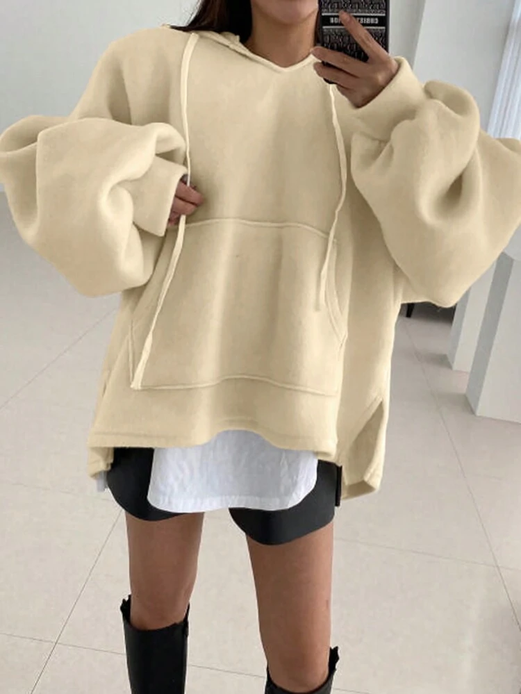 Women's Loose Fit Hooded Sweatshirt With Large Pockets, Solid Color,Fall Clothes