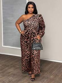 Slaydiva Mono estampado de leopardo de manga larga con parches y cintura anudada, con pierna acampanada, talla grande, adecuado para ocasiones elegantes, de fiesta, de oficina y de cita, para primavera/otoño - Marrón - Ver 5