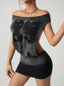 SHEIN ICON 女式仿旧定位水洗铆钉装饰露背性感迷你连衣裙 - 黑色 - 查看 6